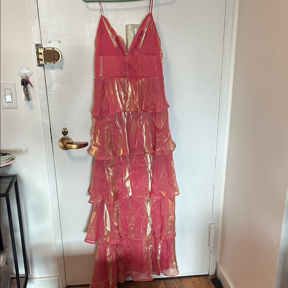 Pink and Gold Tiered Spaghetti Strap Maxi Dress
